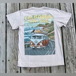 Mens S VW VOLKSWAGEN Red Bus Van Large Back Graphic Tee Tshirt Top CA Scenic Hwy